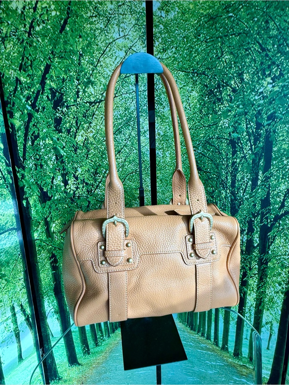 Dooney & Bourke Pebbled Leather Buckle Satchel Shoulder Bag Camel Tan